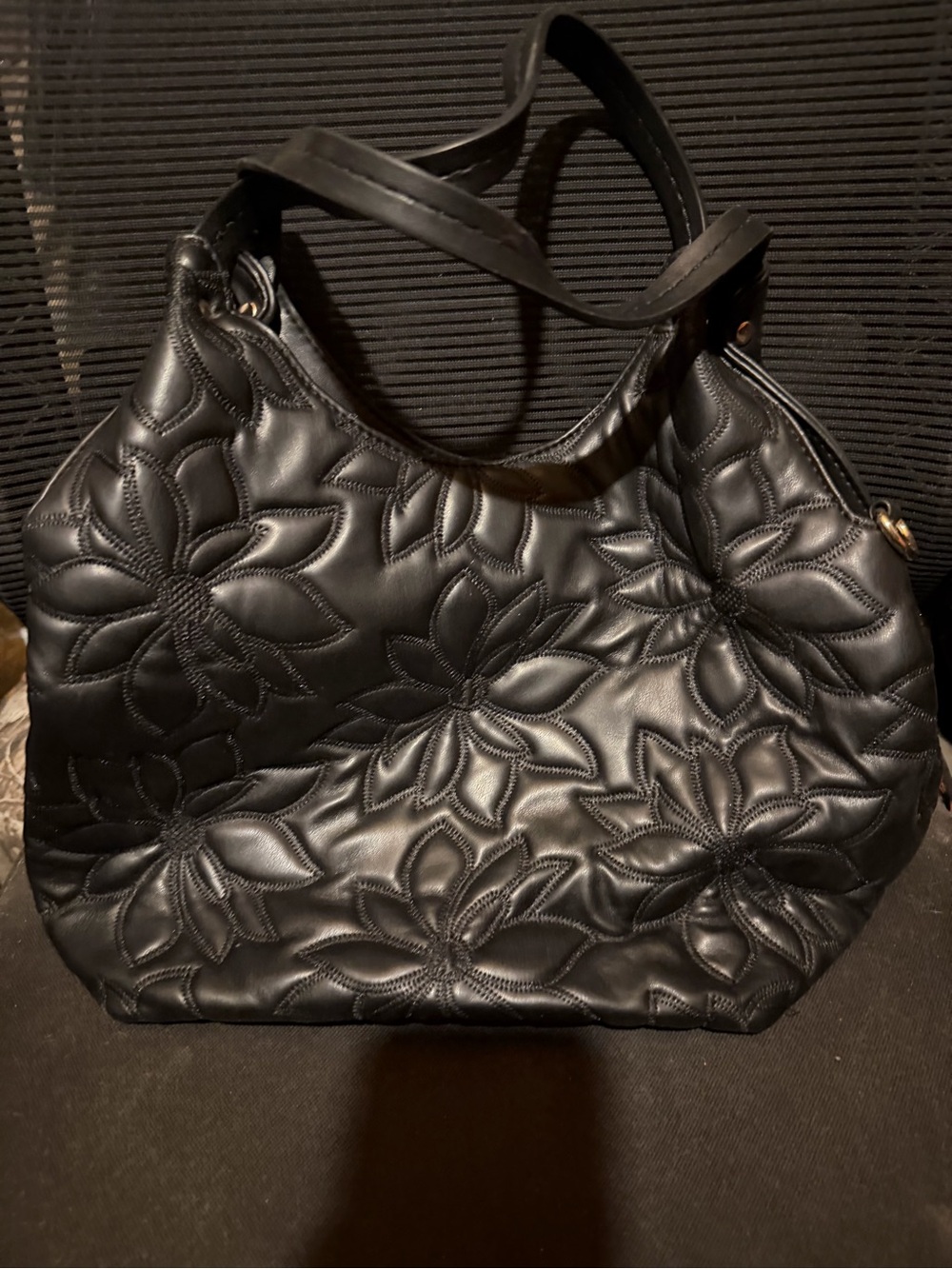 Quilted Floral Black Shoulder Bag for Women